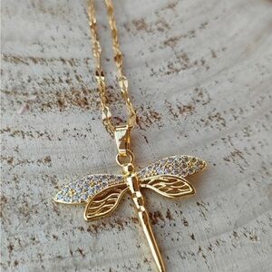 18K Gold Pleated Hollow Dragonfly Necklace Stainless Steel Womens jewelry